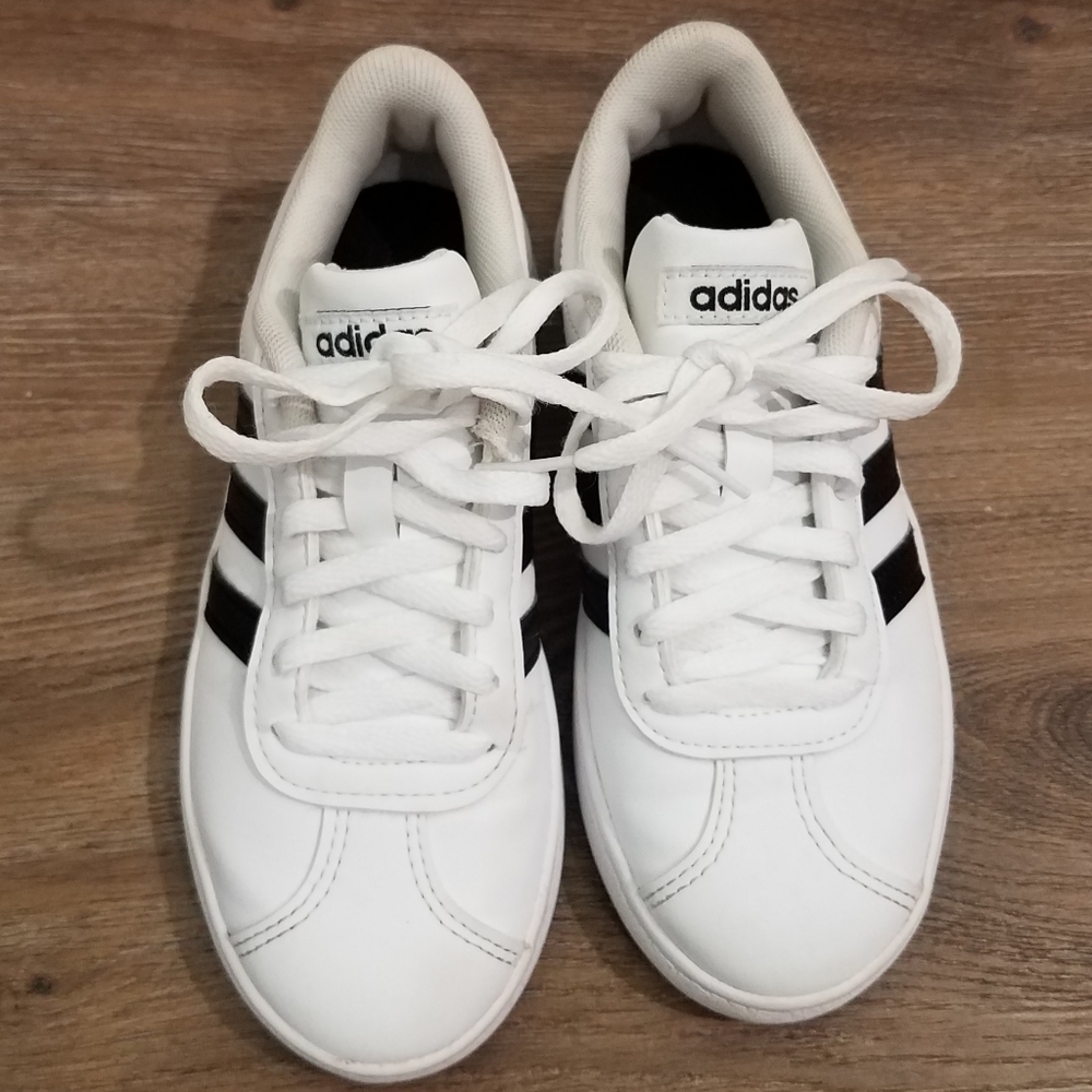 Adidas Grand Court White Leather 3-Stripe Lace Up Sneakers - Little Kid